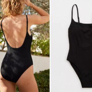Aerie Black Crinkle Scoop Full Coverage One Piece Swimsuit Size M $55